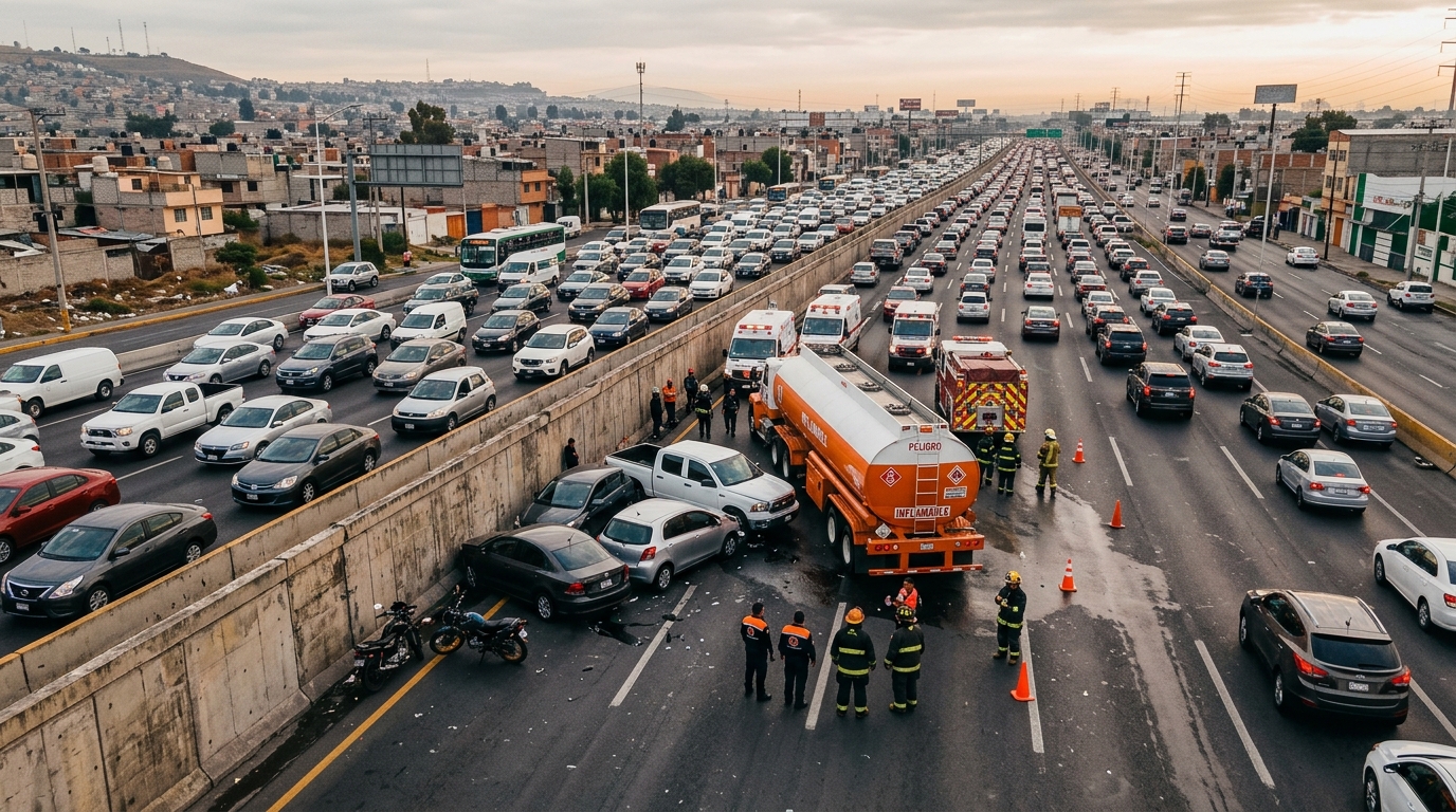 Carambola en la autopista México-Pachuca con pipa y vehículos detenidos en Ecatepec