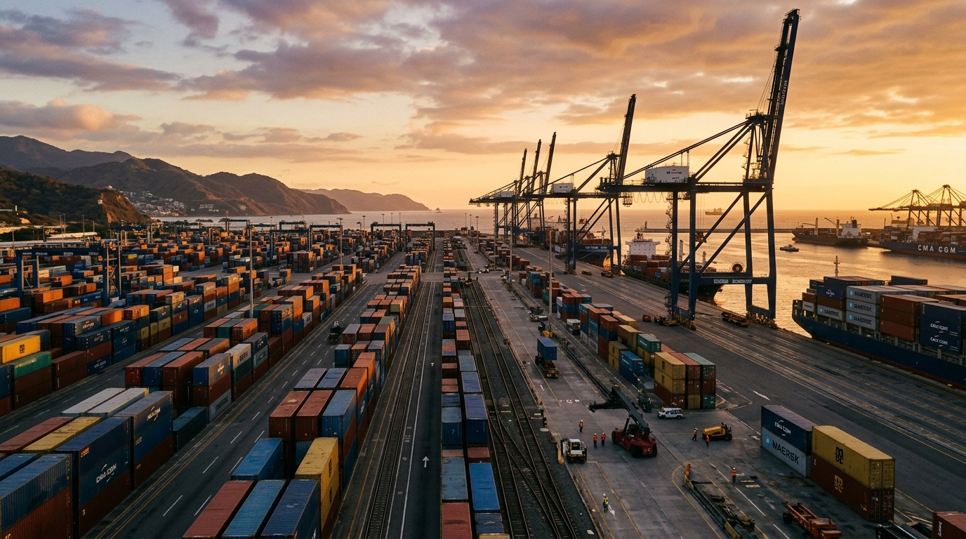 Contenedores de carga apilados en un puerto mexicano al amanecer, exportaciones mexicanas de agosto 2026