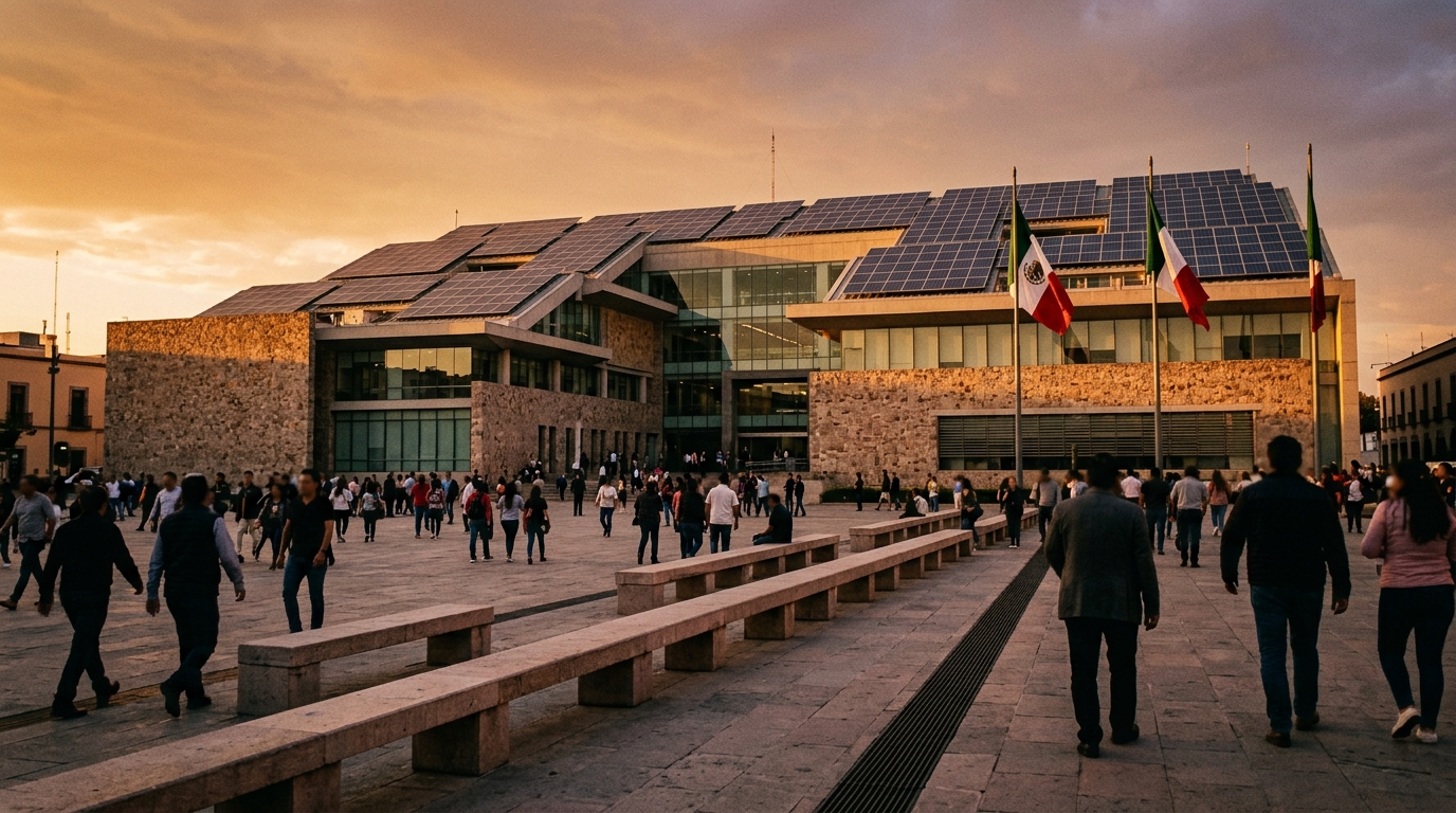 Paneles solares sobre un edificio de gobierno estatal, fiscalidad verde en México