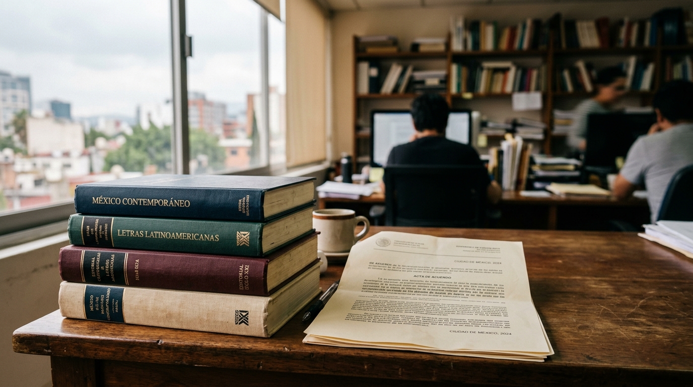 Estantería de librería con libros apilados y documento legal sobre la multa del IMPI