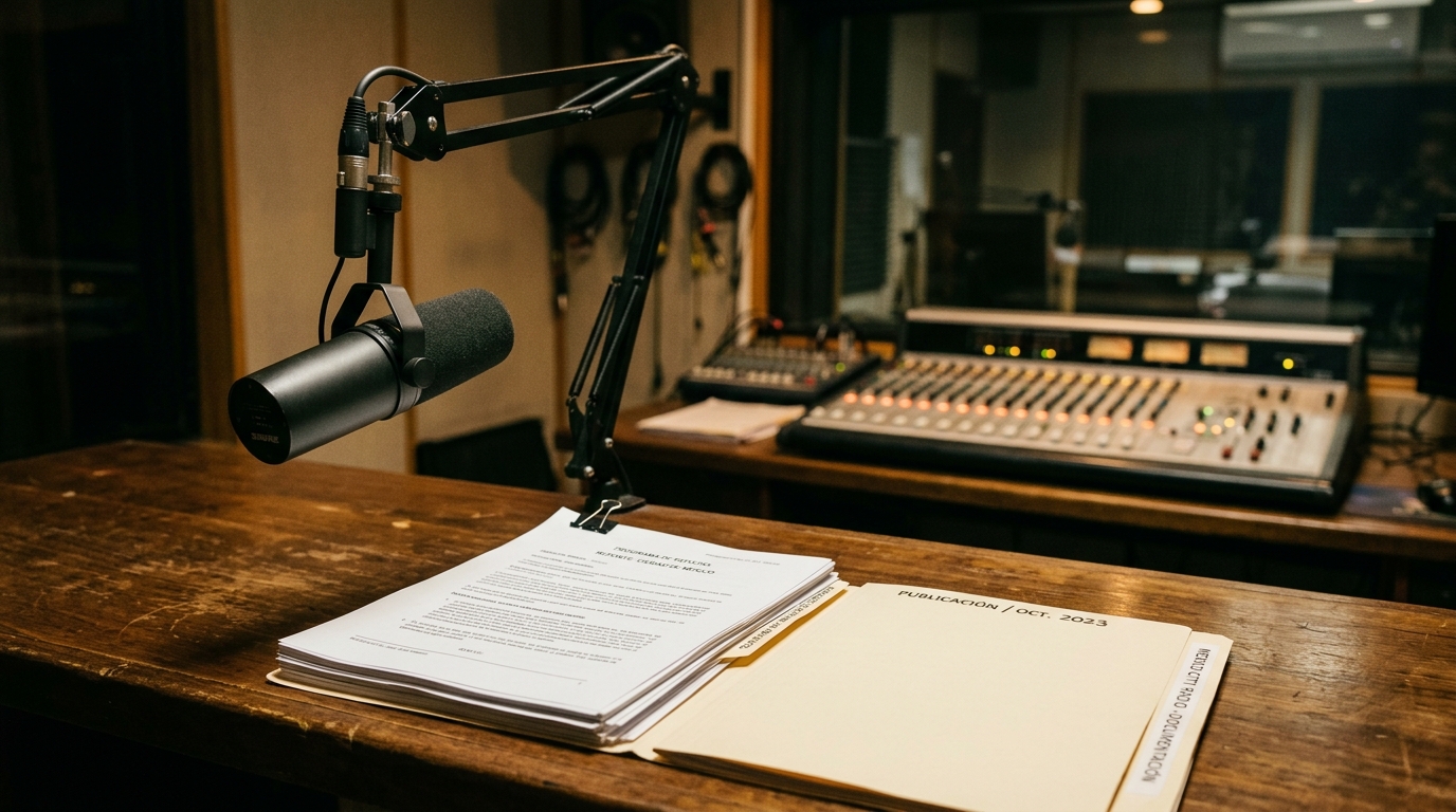 Micrófono sobre escritorio con documentos, declaración patrimonial de Radio Educación en México