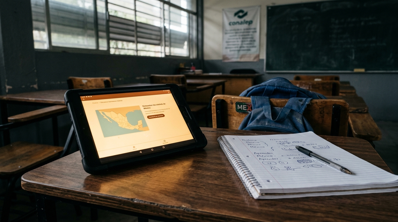 Tableta iluminada en escritorio escolar, alegoría del abuso sexual digital de menores en México